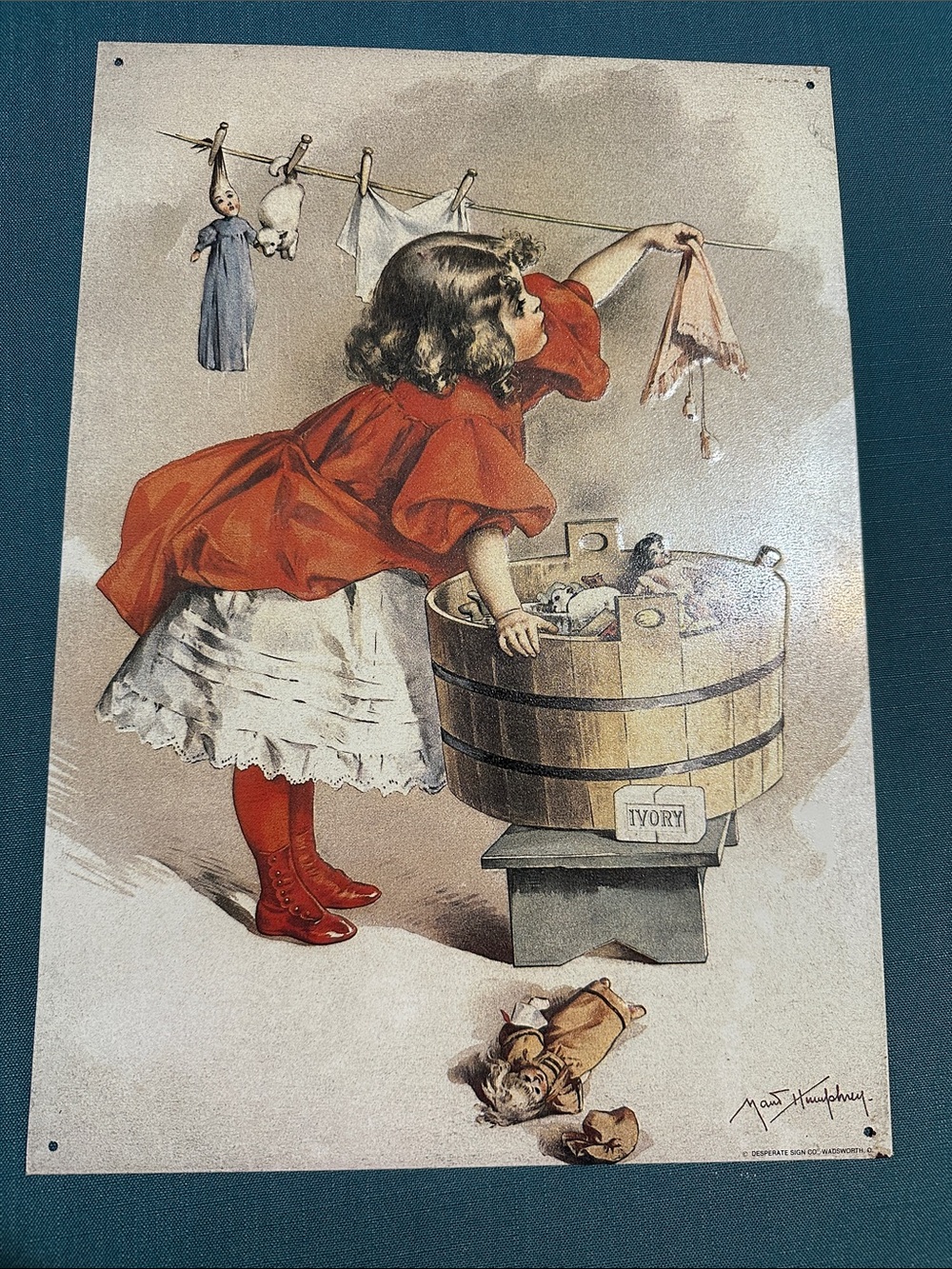 Vintage-Style Girl Washing Print Wall Art in Red